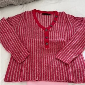 Raffi Red and Gray Striped V-Neck Sweater